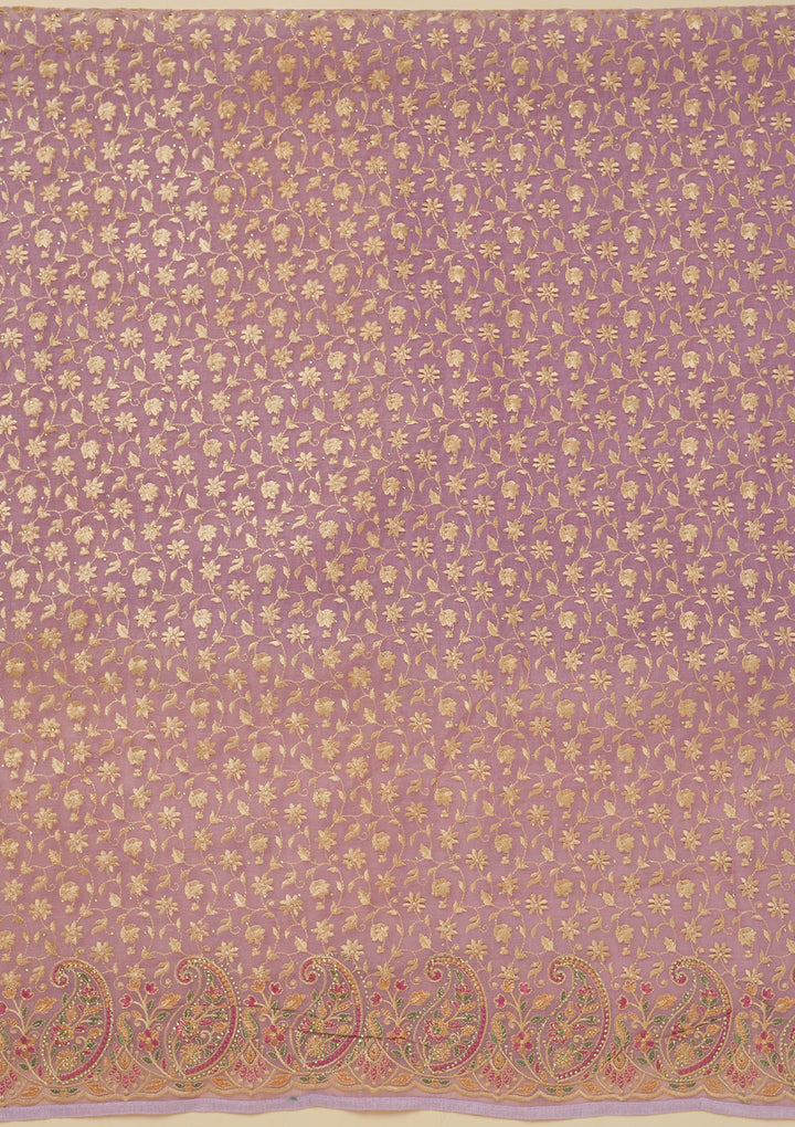 Lavender Georgette Sequins Unstitched Dress Material With Matching Bottom And Dupatta