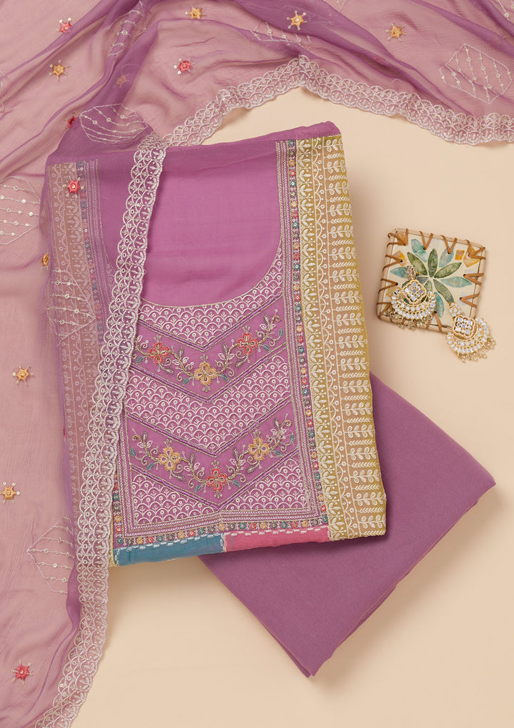 Lavender Chinon Threadwork Unstitched Dress Material With Matching Bottom And Dupatta