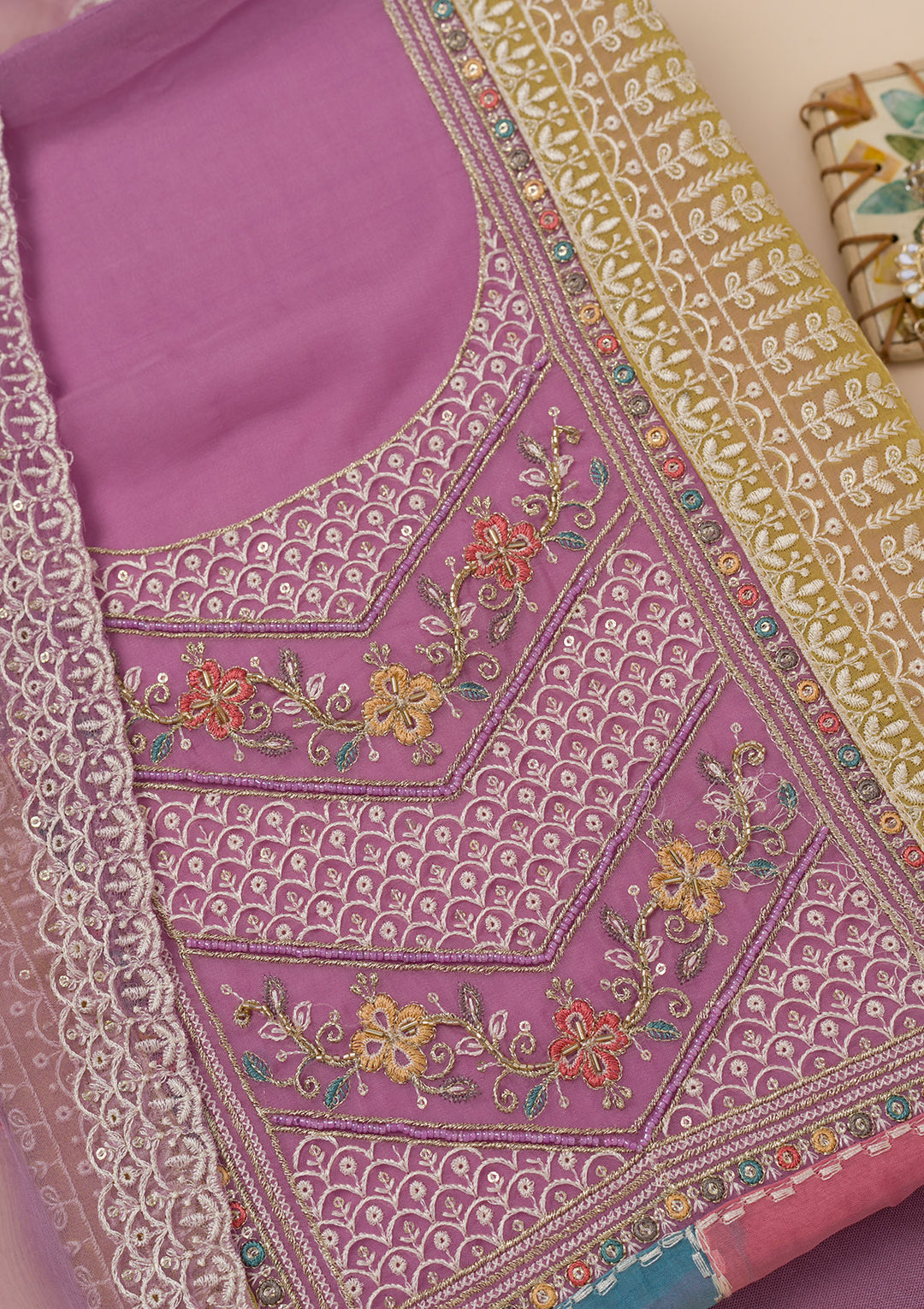 Lavender Chinon Threadwork Unstitched Dress Material With Matching Bottom And Dupatta