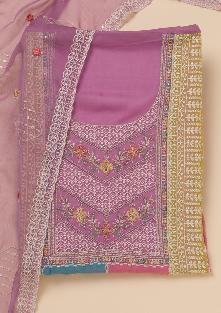 Lavender Chinon Threadwork Unstitched Dress Material With Matching Bottom And Dupatta