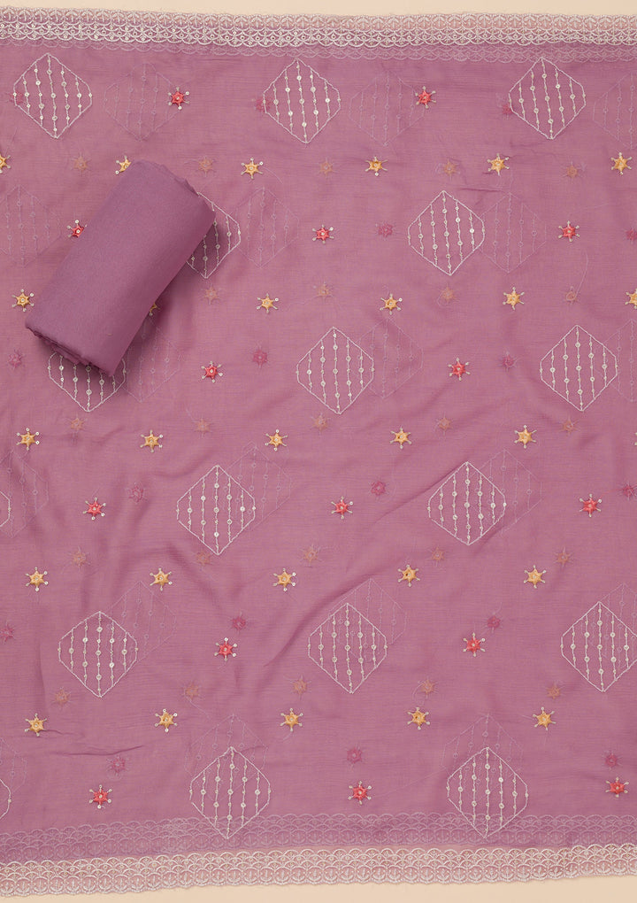 Lavender Chinon Threadwork Unstitched Dress Material With Matching Bottom And Dupatta