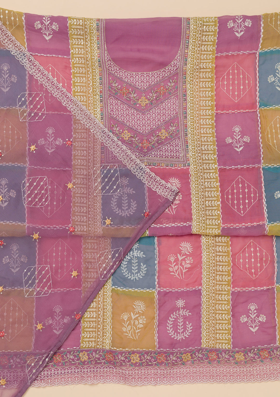 Lavender Chinon Threadwork Unstitched Dress Material With Matching Bottom And Dupatta