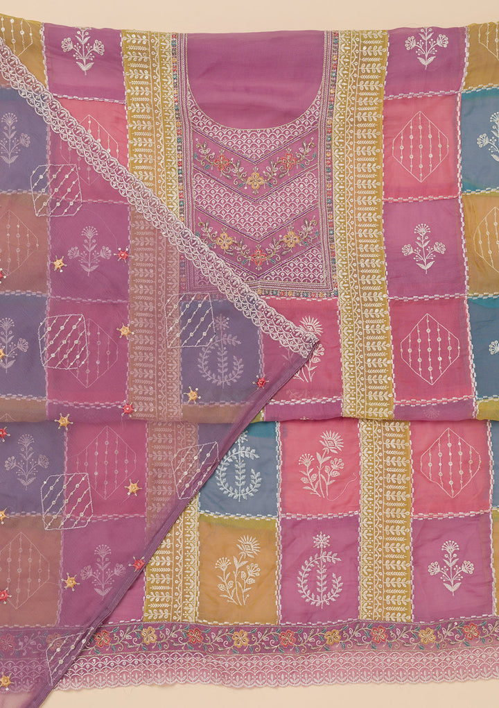 Lavender Chinon Threadwork Unstitched Dress Material With Matching Bottom And Dupatta