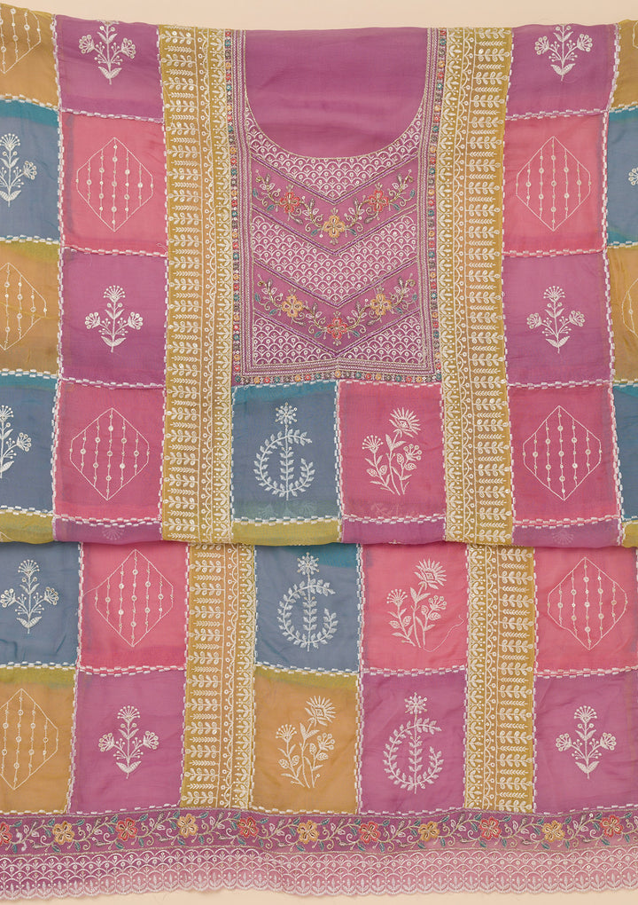 Lavender Chinon Threadwork Unstitched Dress Material With Matching Bottom And Dupatta