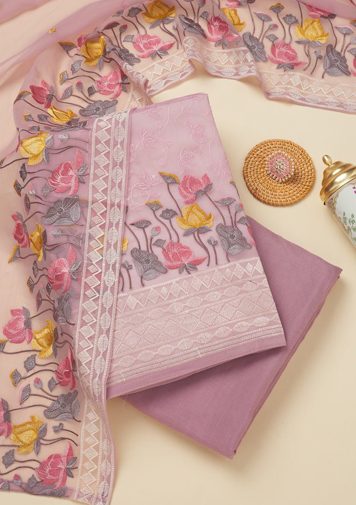 Lavender Organza Threadwork Unstitched Dress Material With Matching Bottom And Dupatta