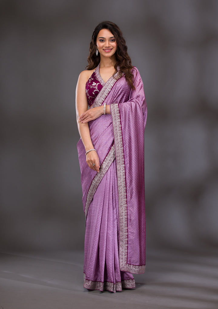 Lavender Threadwork Raw Silk Saree
