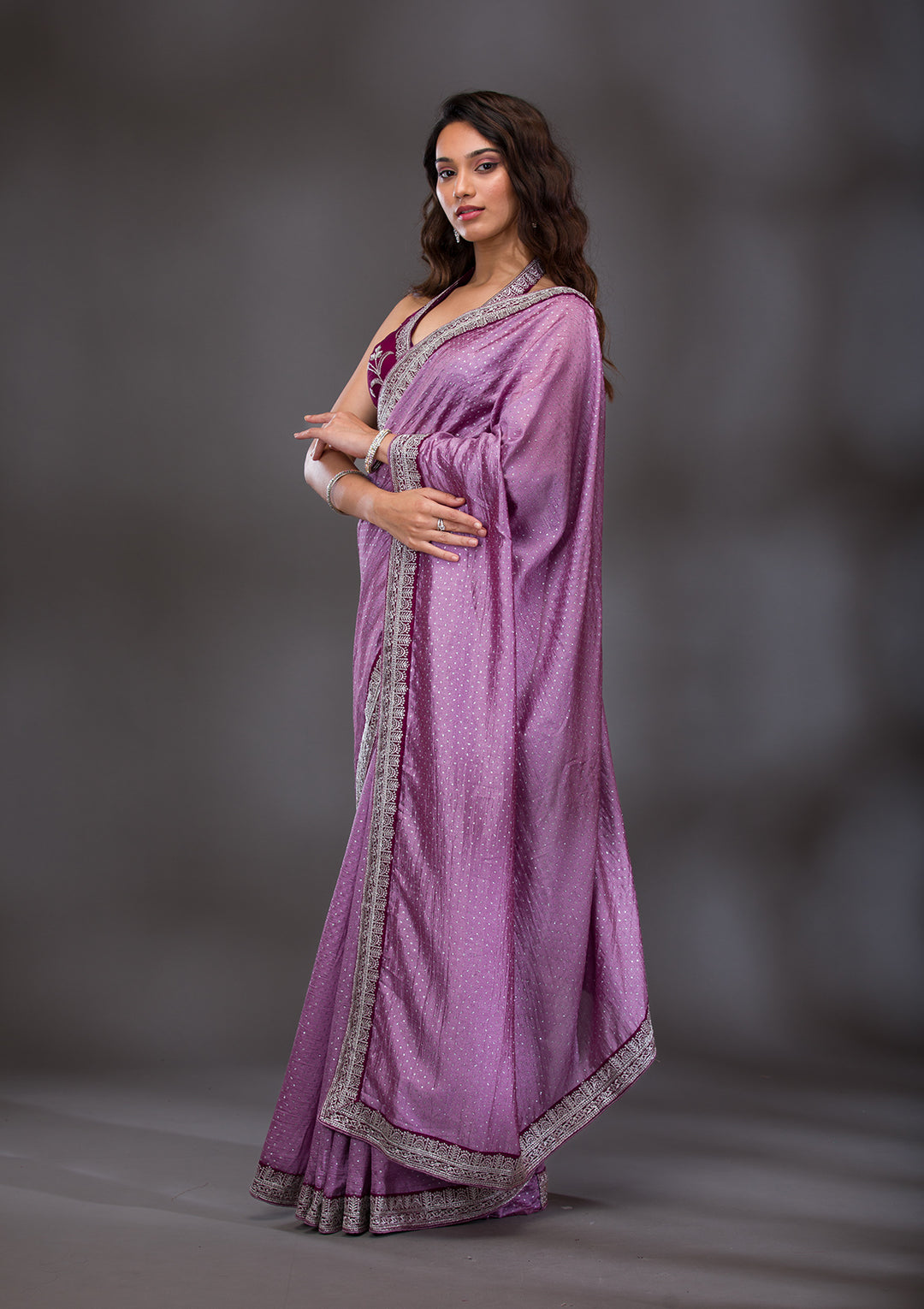 Lavender Threadwork Raw Silk Saree