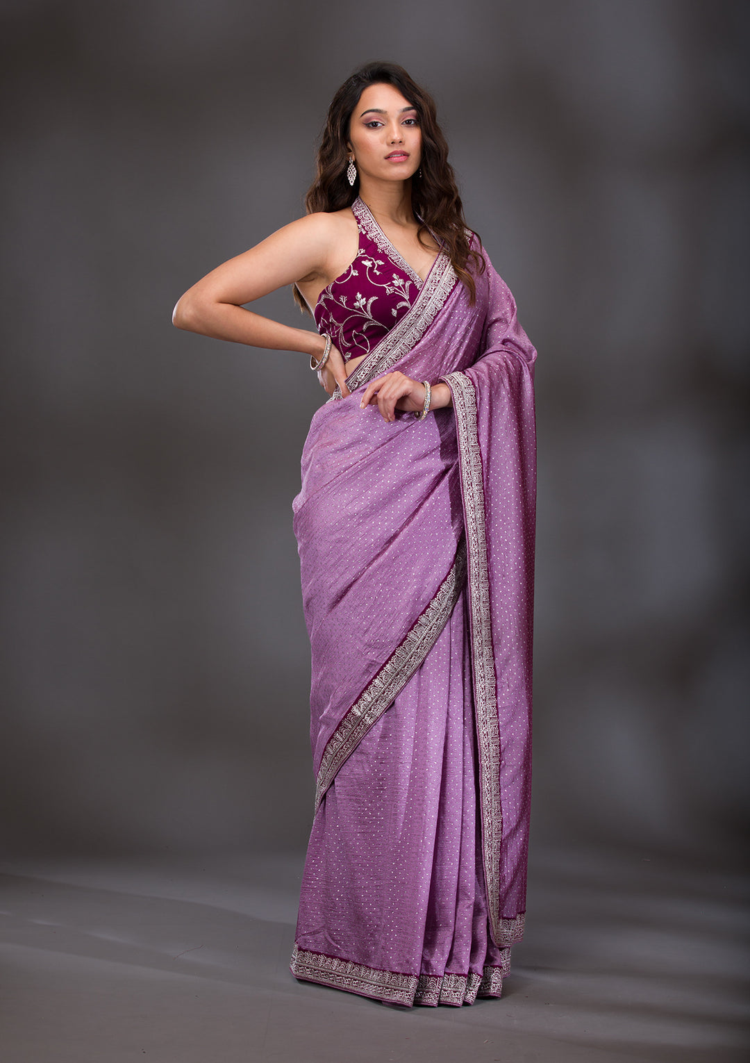 Lavender Threadwork Raw Silk Saree