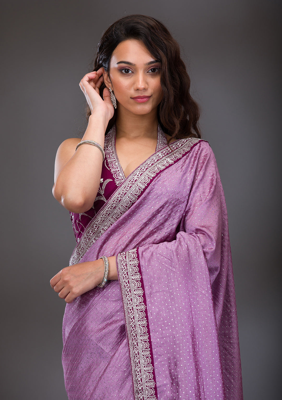 Lavender Threadwork Raw Silk Saree