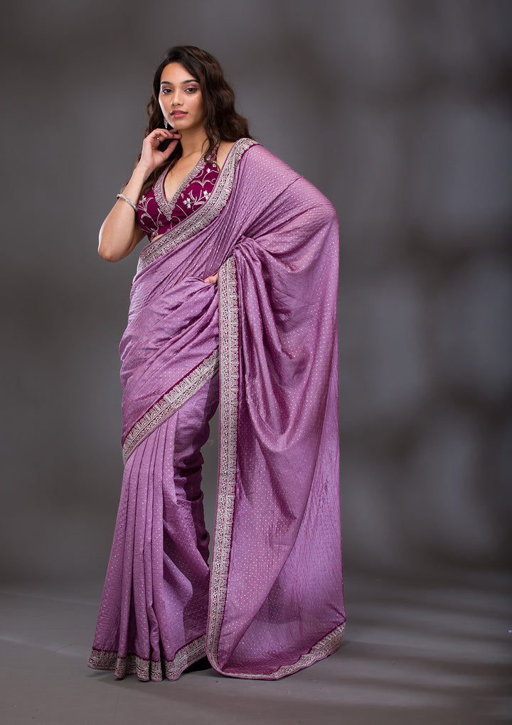 Lavender Threadwork Raw Silk Saree