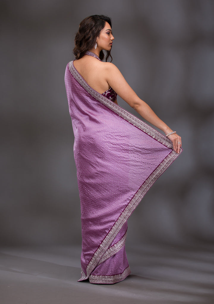 Lavender Threadwork Raw Silk Saree