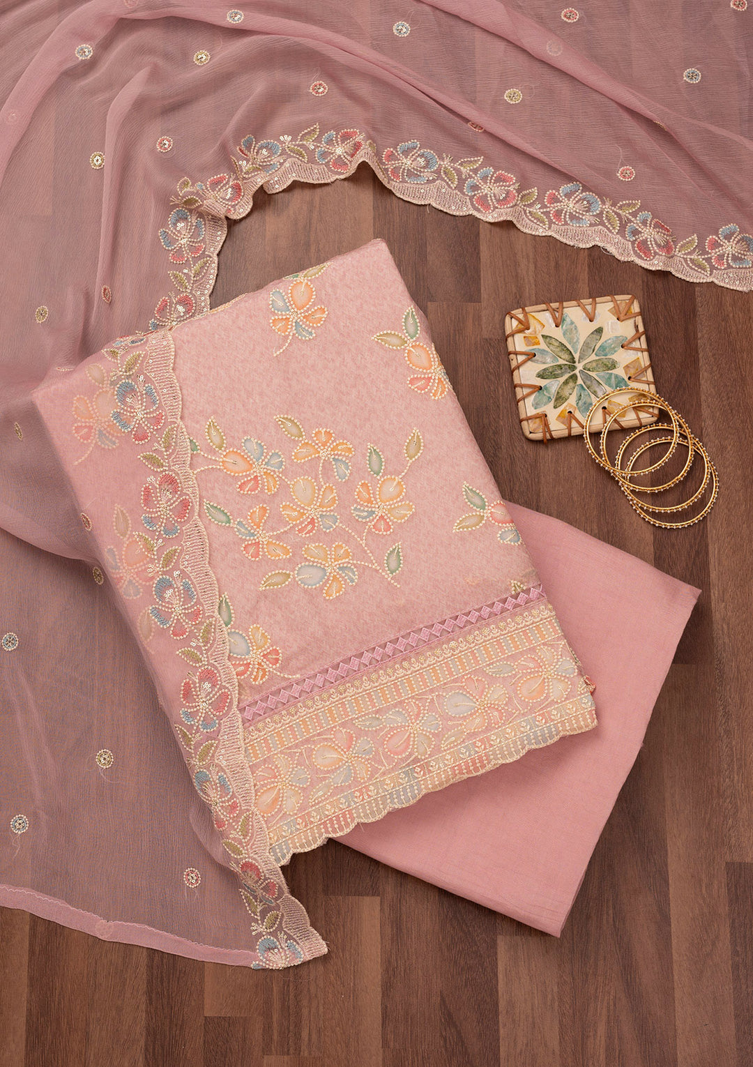Lavender Organza Threadwork Unstitched Dress Material With Matching Bottom And Dupatta