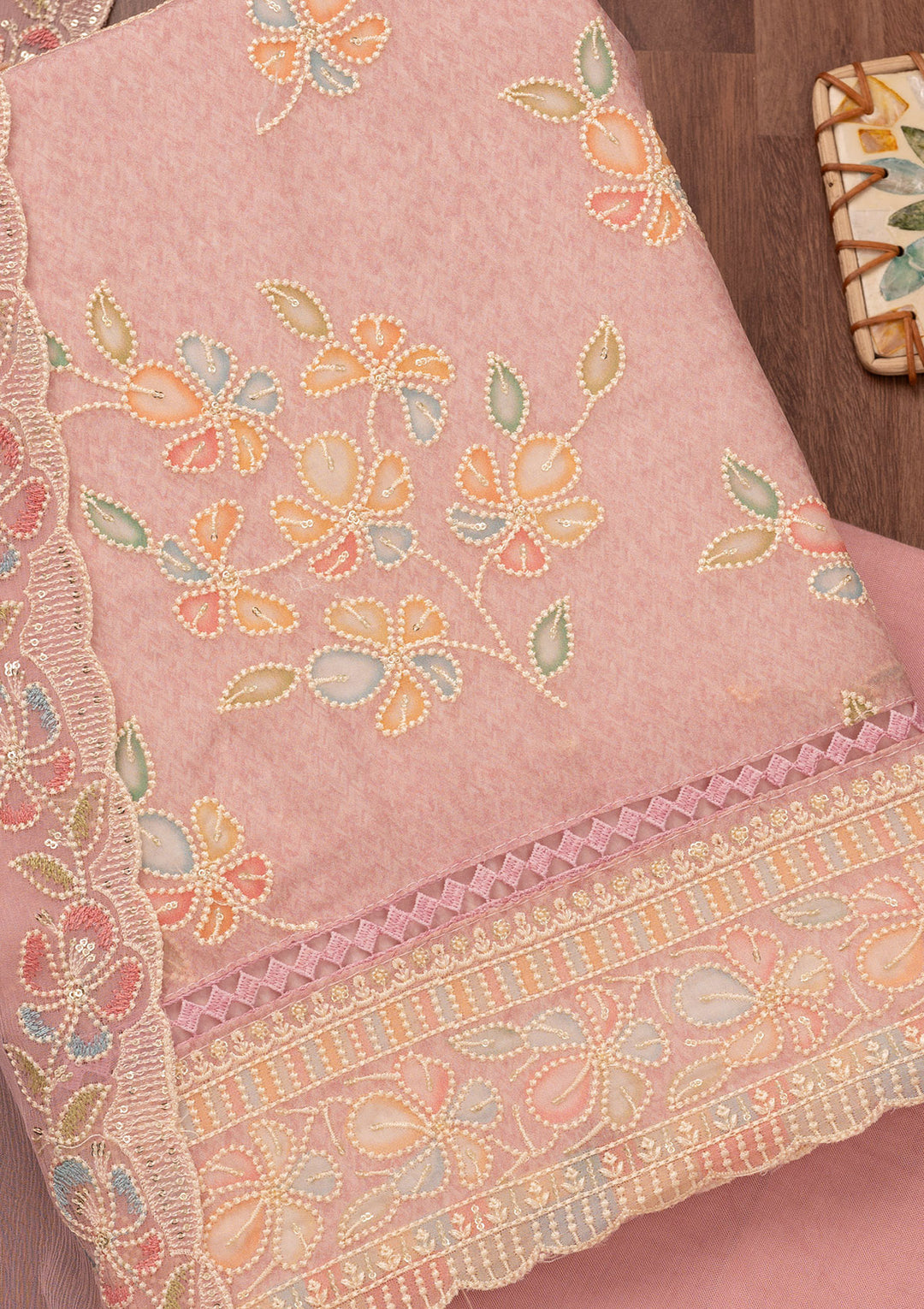 Lavender Organza Threadwork Unstitched Dress Material With Matching Bottom And Dupatta