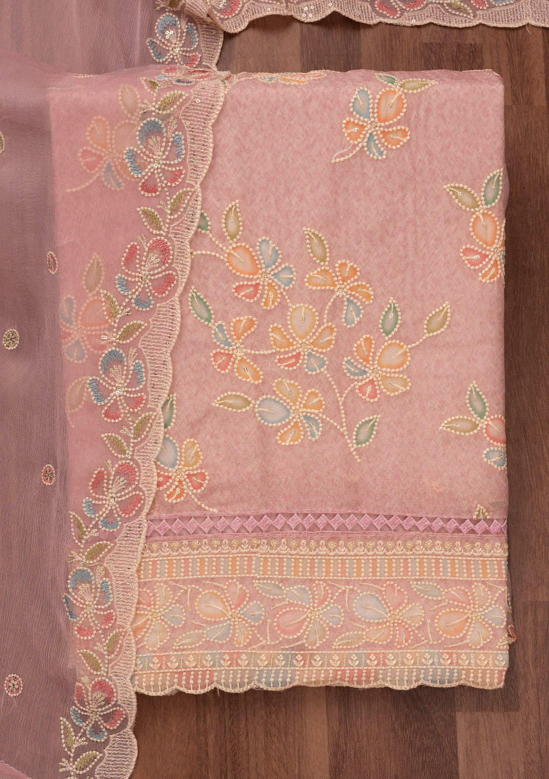 Lavender Organza Threadwork Unstitched Dress Material With Matching Bottom And Dupatta