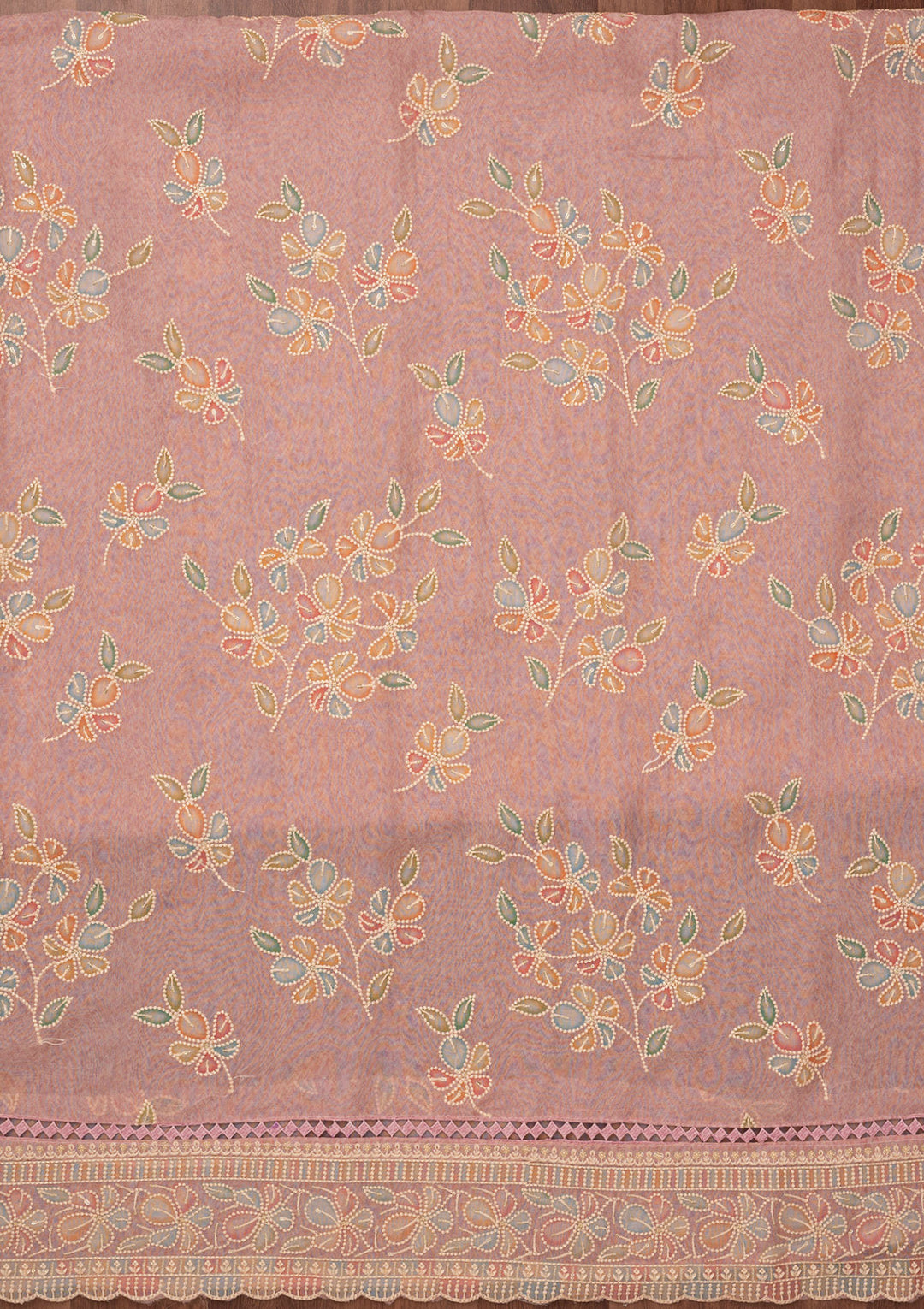 Lavender Organza Threadwork Unstitched Dress Material With Matching Bottom And Dupatta