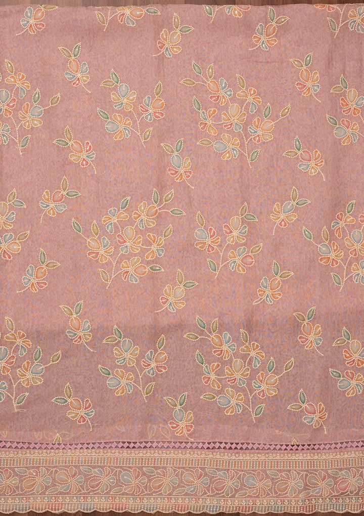 Lavender Organza Threadwork Unstitched Dress Material With Matching Bottom And Dupatta