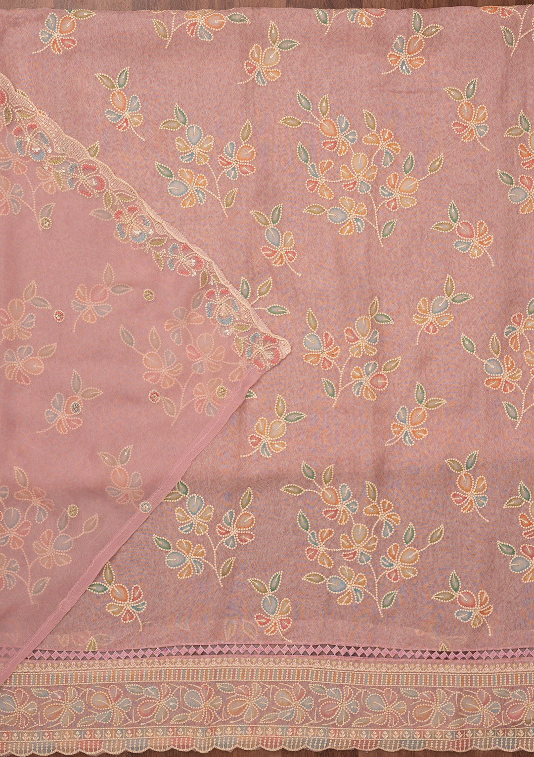 Lavender Organza Threadwork Unstitched Dress Material With Matching Bottom And Dupatta