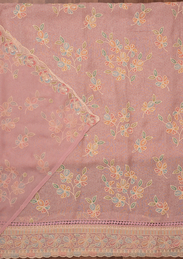Lavender Organza Threadwork Unstitched Dress Material With Matching Bottom And Dupatta