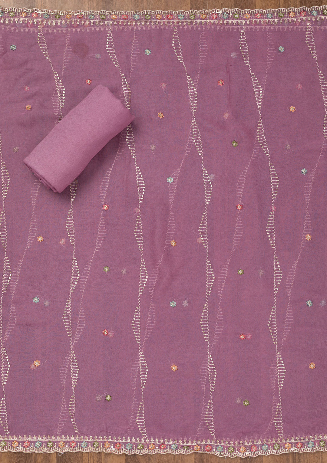 Lavender Chinon Threadwork Unstitched Dress Material With Matching Bottom And Dupatta