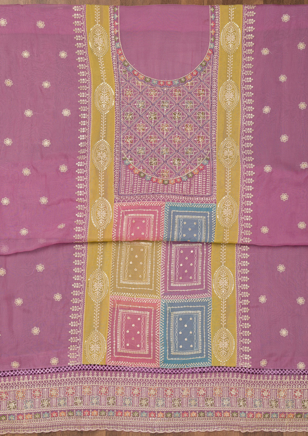 Lavender Chinon Threadwork Unstitched Dress Material With Matching Bottom And Dupatta