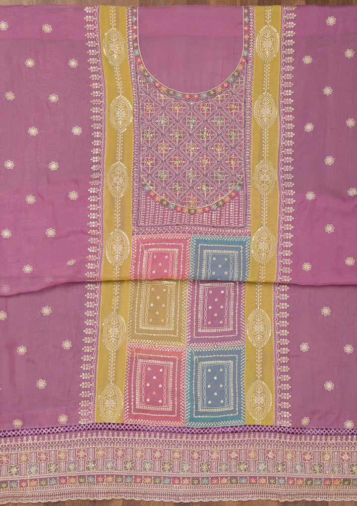 Lavender Chinon Threadwork Unstitched Dress Material With Matching Bottom And Dupatta