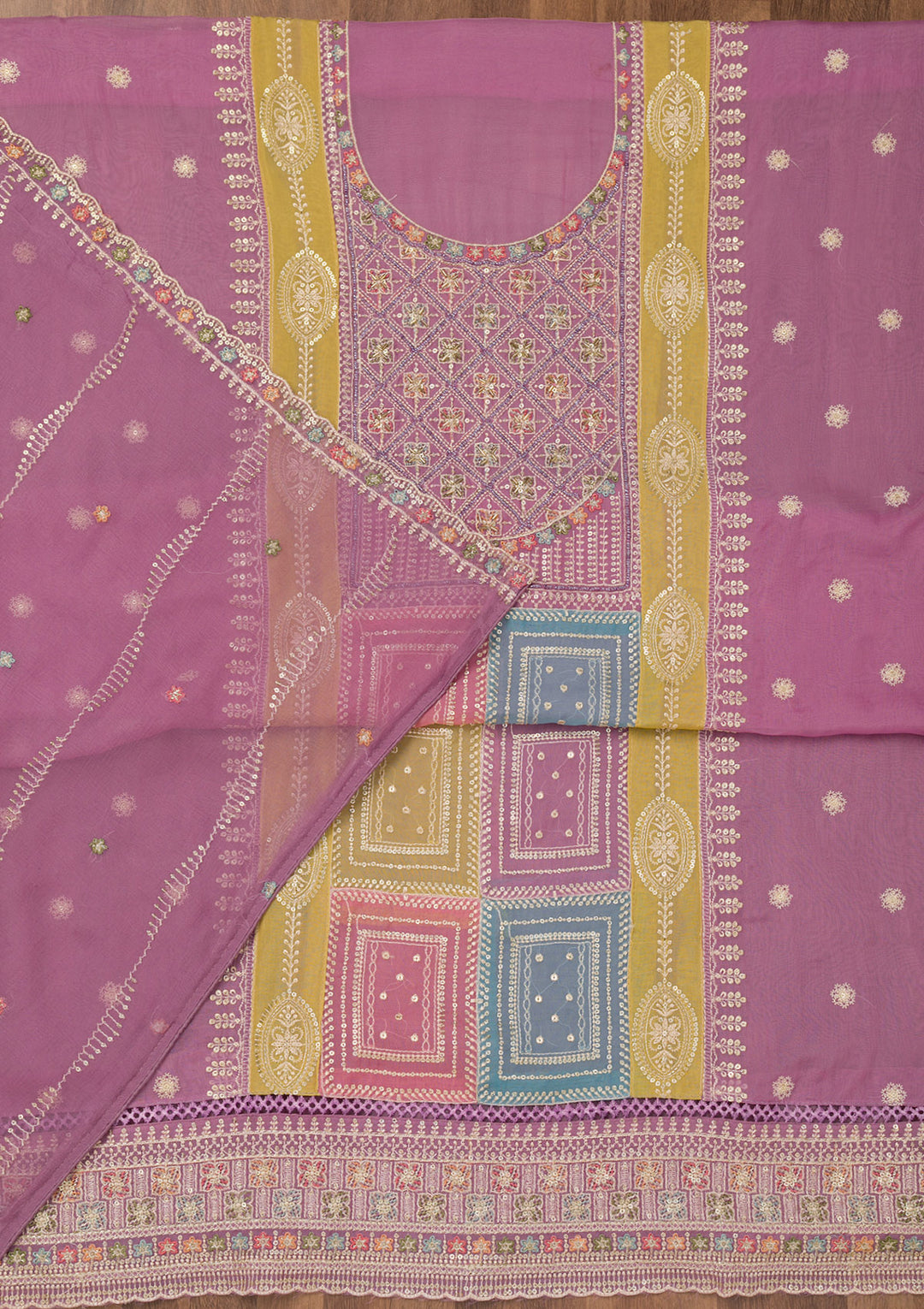 Lavender Chinon Threadwork Unstitched Dress Material With Matching Bottom And Dupatta