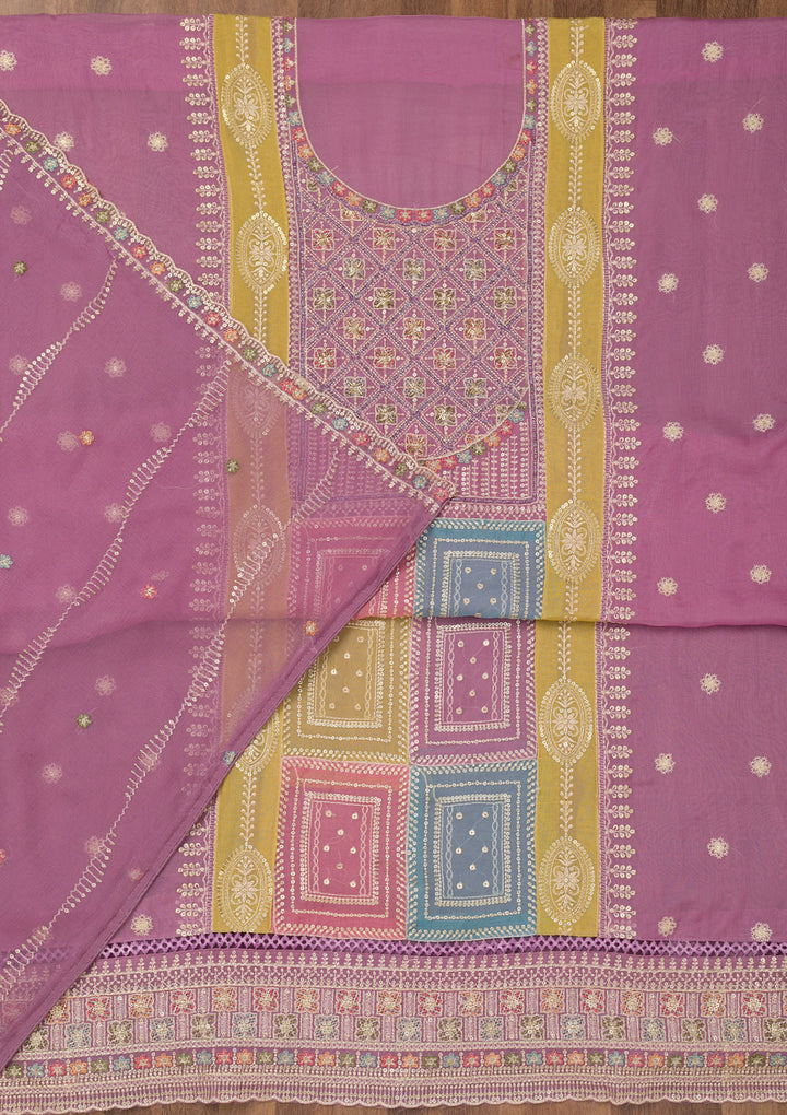 Lavender Chinon Threadwork Unstitched Dress Material With Matching Bottom And Dupatta