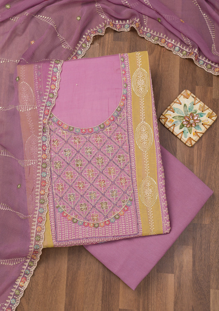 Lavender Chinon Threadwork Unstitched Dress Material With Matching Bottom And Dupatta
