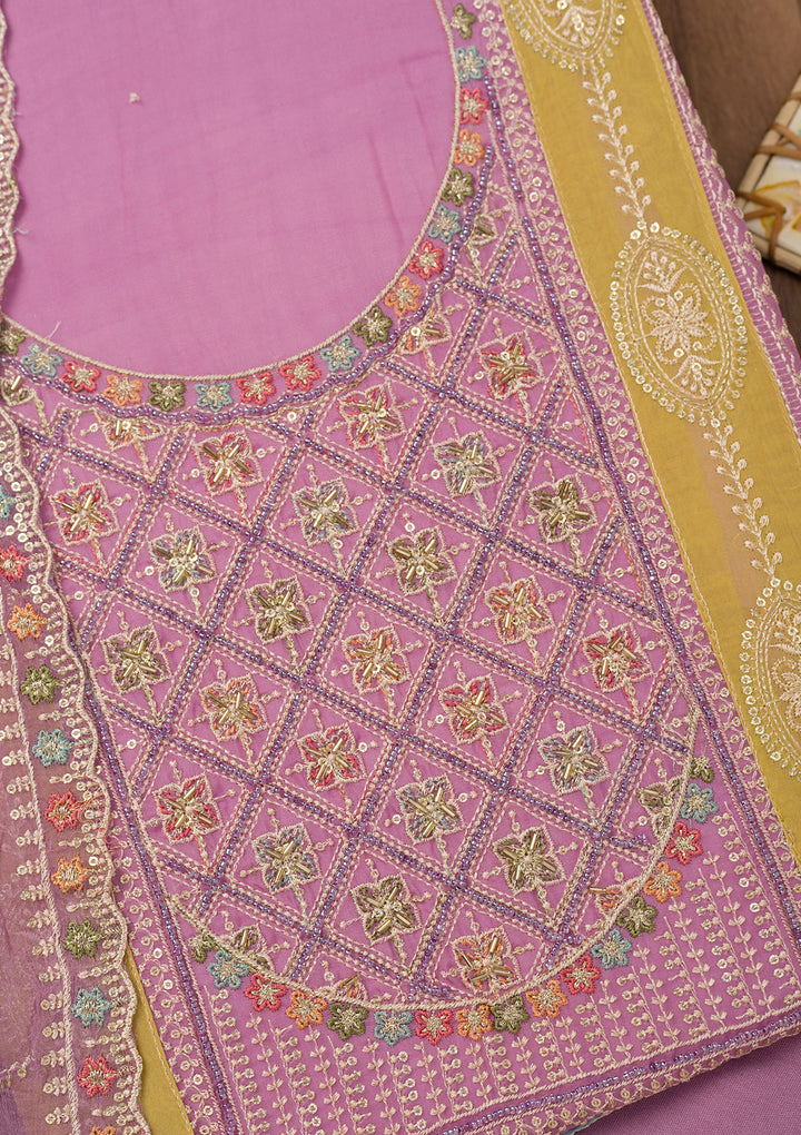 Lavender Chinon Threadwork Unstitched Dress Material With Matching Bottom And Dupatta