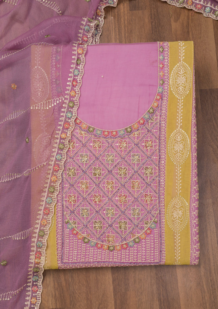 Lavender Chinon Threadwork Unstitched Dress Material With Matching Bottom And Dupatta