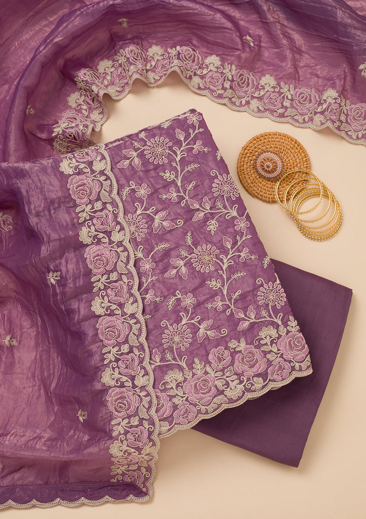 Lavender Tissue Threadwork Unstitched Dress Material With Matching Bottom And Dupatta