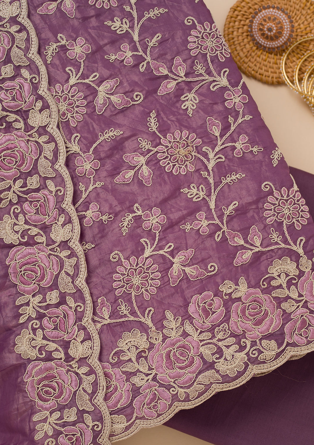 Lavender Tissue Threadwork Unstitched Dress Material With Matching Bottom And Dupatta