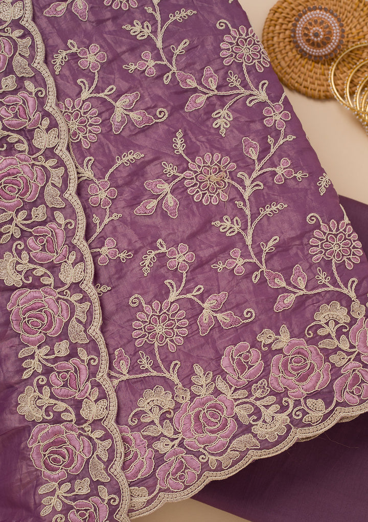 Lavender Tissue Threadwork Unstitched Dress Material With Matching Bottom And Dupatta
