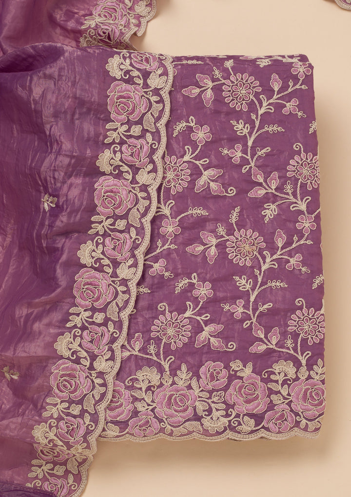 Lavender Tissue Threadwork Unstitched Dress Material With Matching Bottom And Dupatta