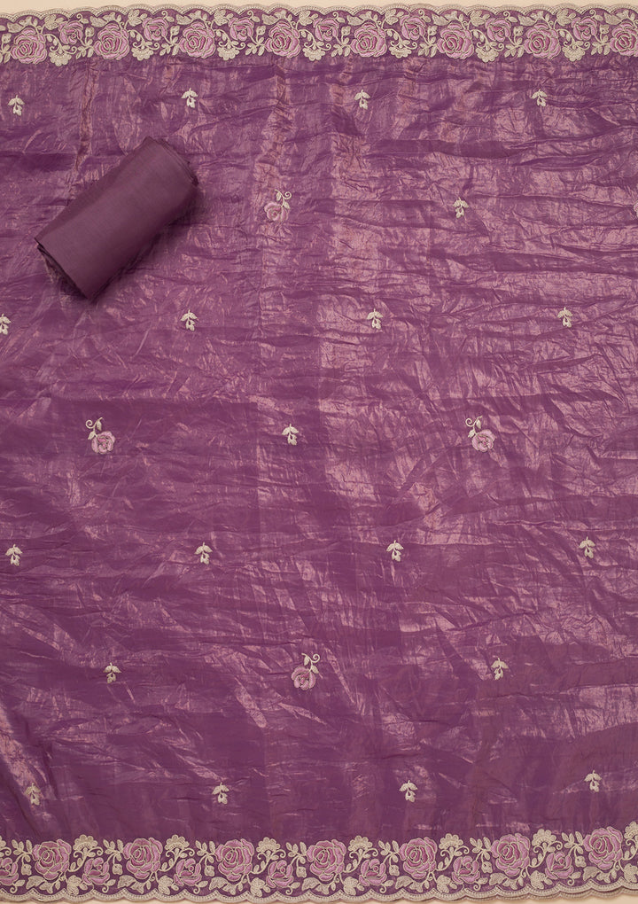 Lavender Tissue Threadwork Unstitched Dress Material With Matching Bottom And Dupatta