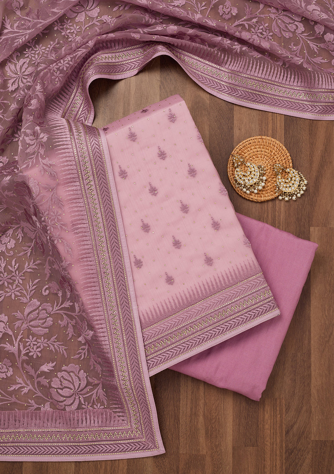 Lavender Threadwork Tissue Unstitched Salwar Suit