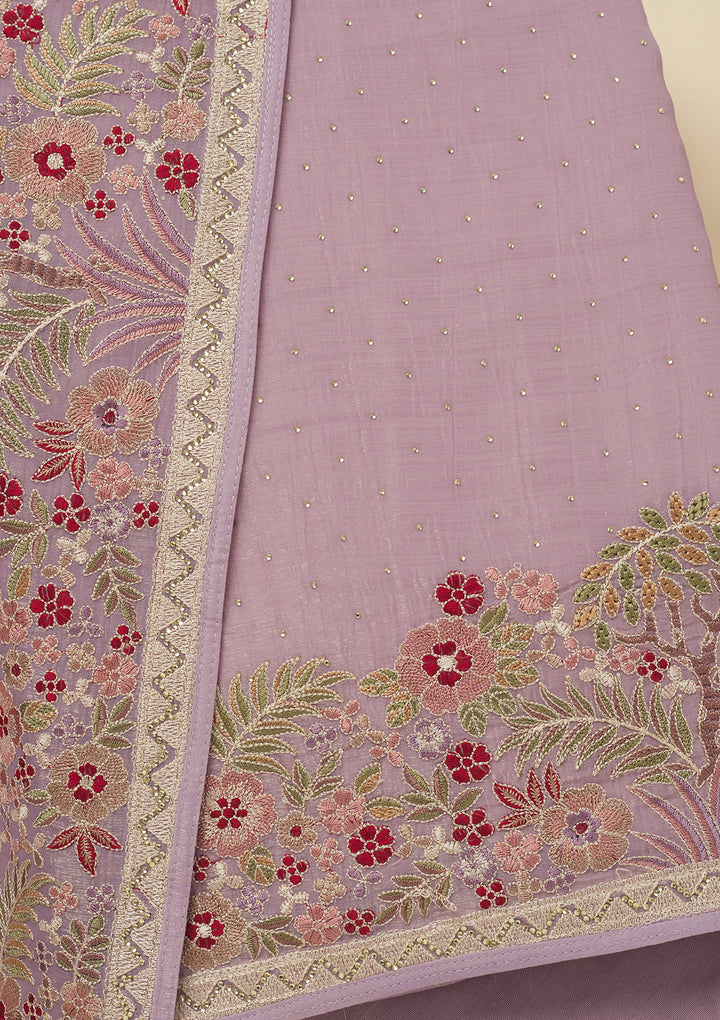 Lavender Chiffon Threadwork Unstitched Dress Material With Matching Bottom And Dupatta