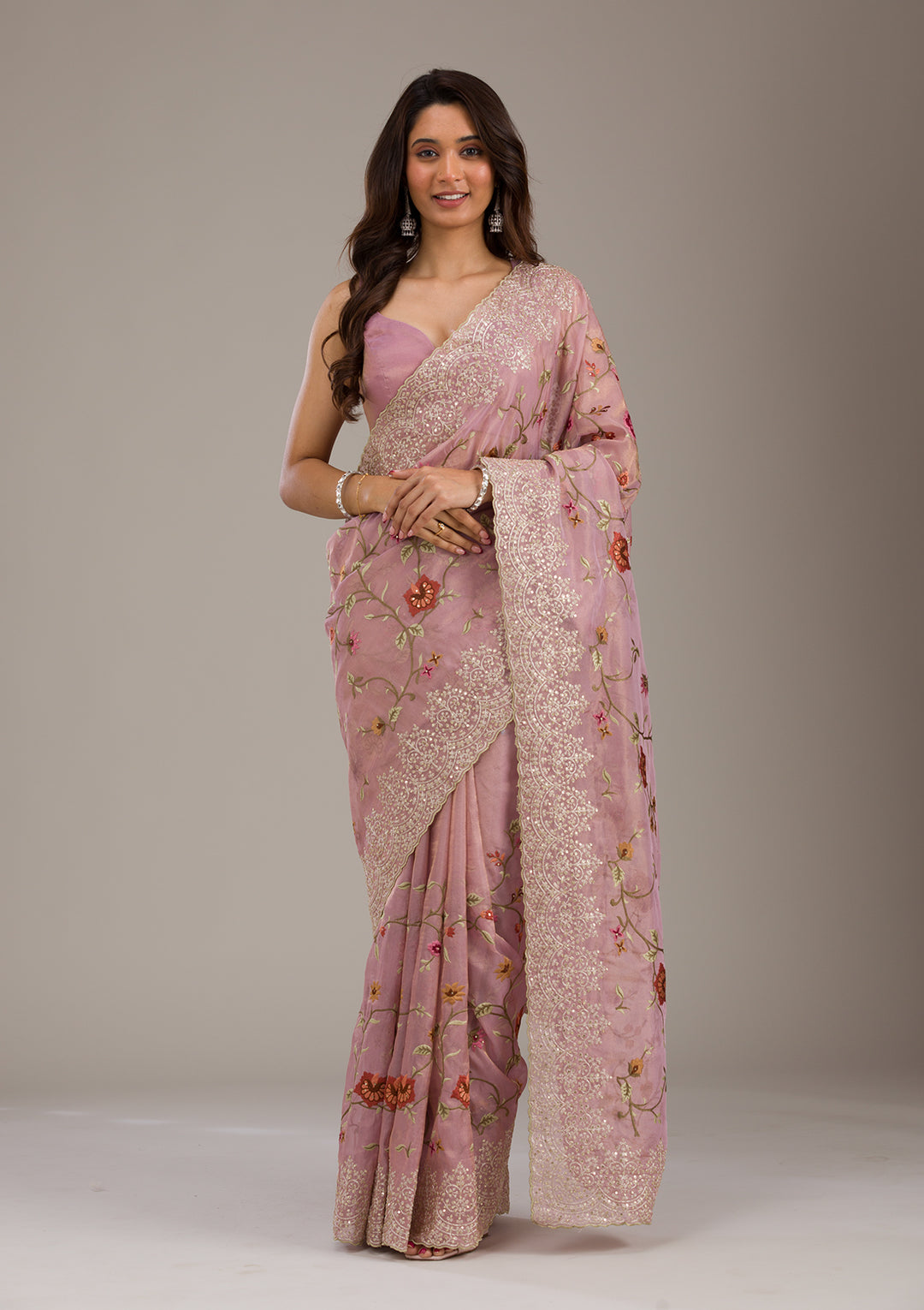 Lavender Organza Threadwork Saree With Matching Blouse Piece