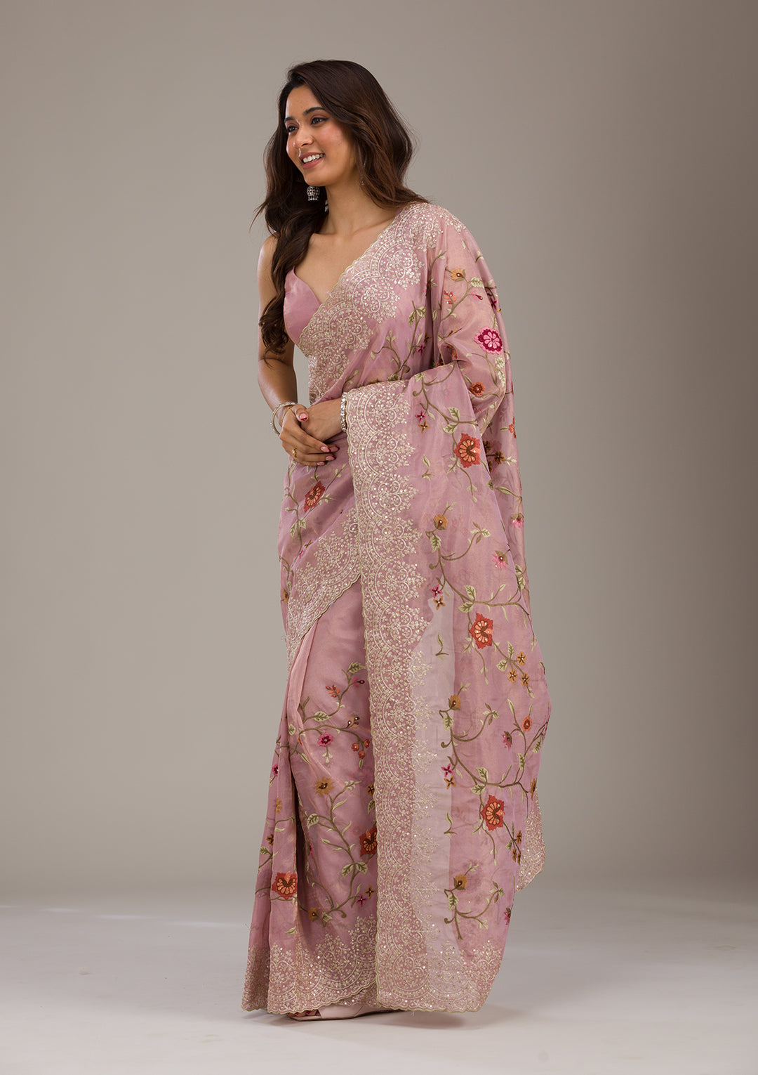 Lavender Organza Threadwork Saree With Matching Blouse Piece