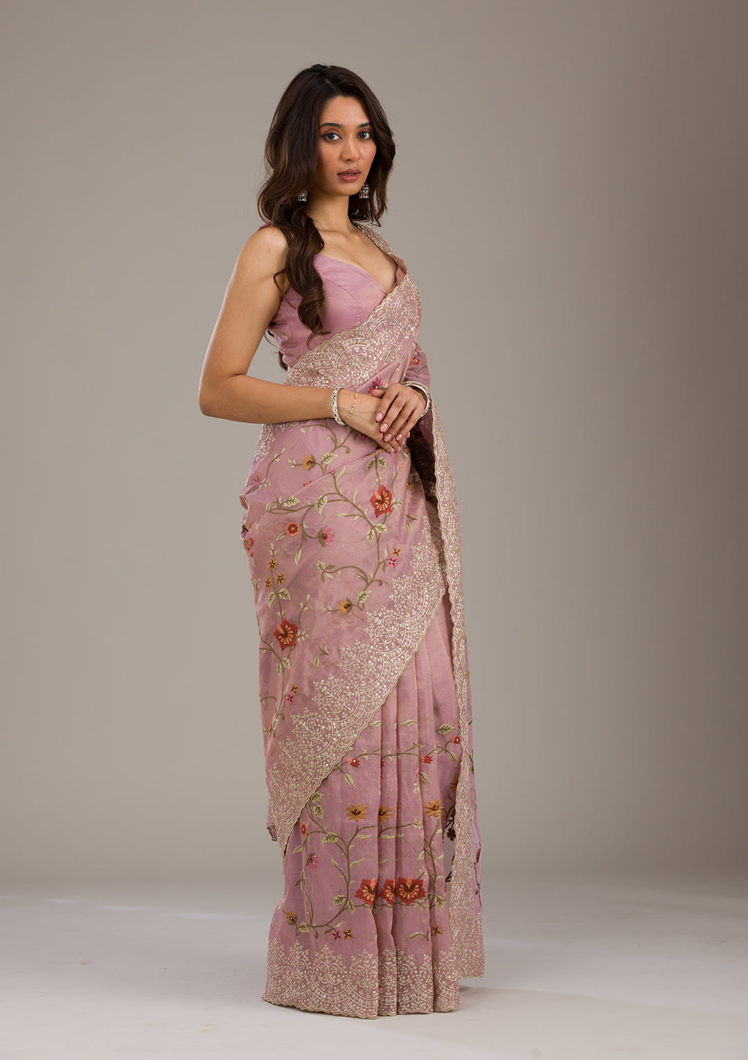 Lavender Organza Threadwork Saree With Matching Blouse Piece