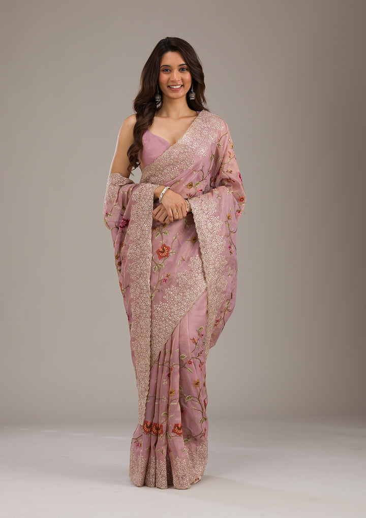 Lavender Organza Threadwork Saree With Matching Blouse Piece
