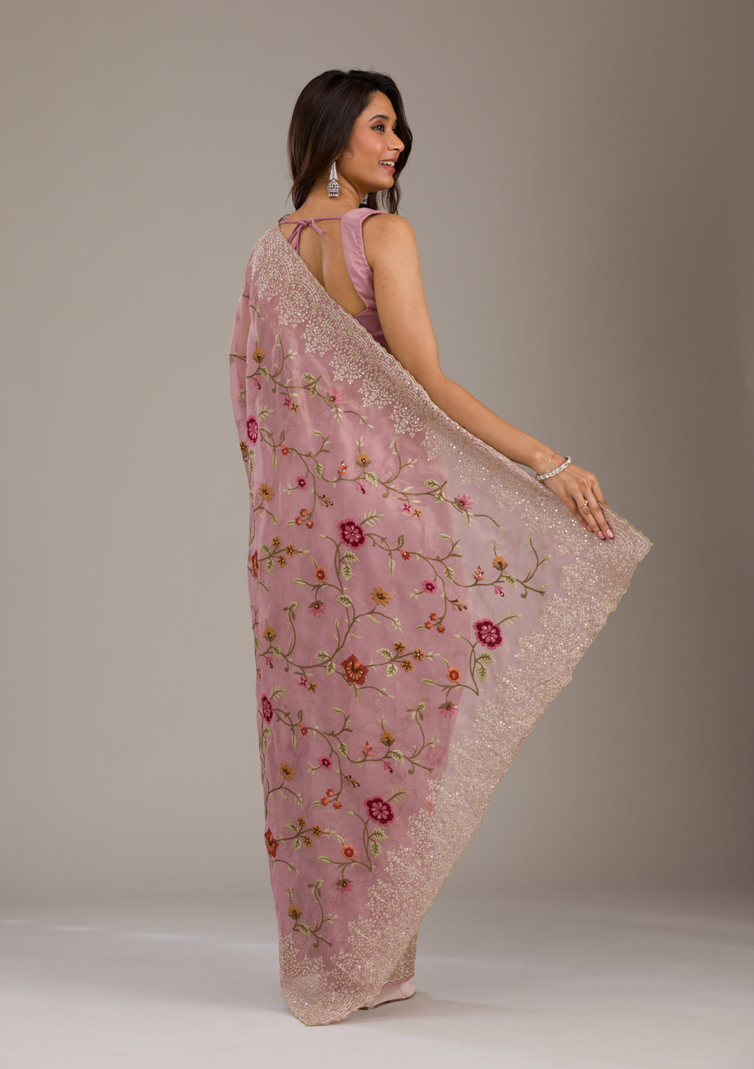 Lavender Organza Threadwork Saree With Matching Blouse Piece