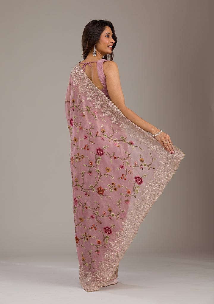 Lavender Organza Threadwork Saree With Matching Blouse Piece