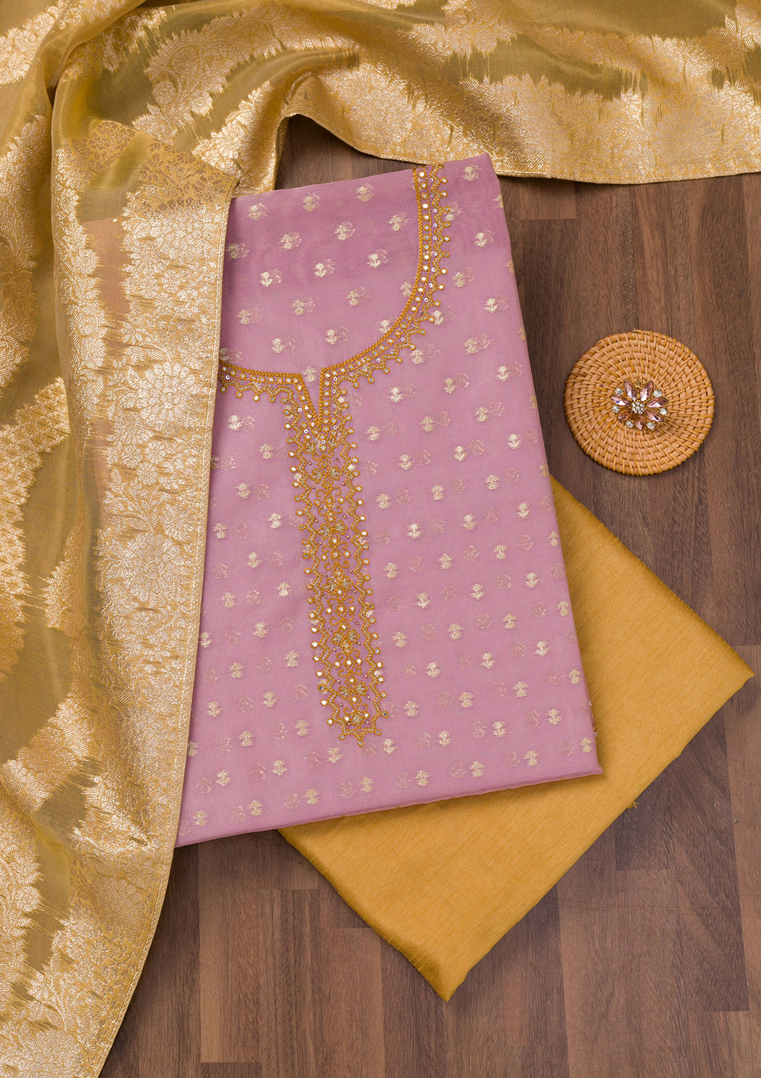 Lavender Chanderi Mirrorwork Unstitched Dress Material With Matching Bottom And Dupatta