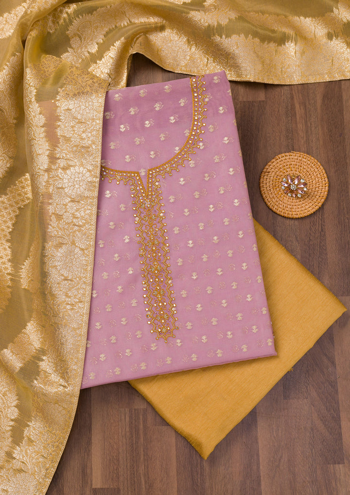 Lavender Chanderi Mirrorwork Unstitched Dress Material With Matching Bottom And Dupatta