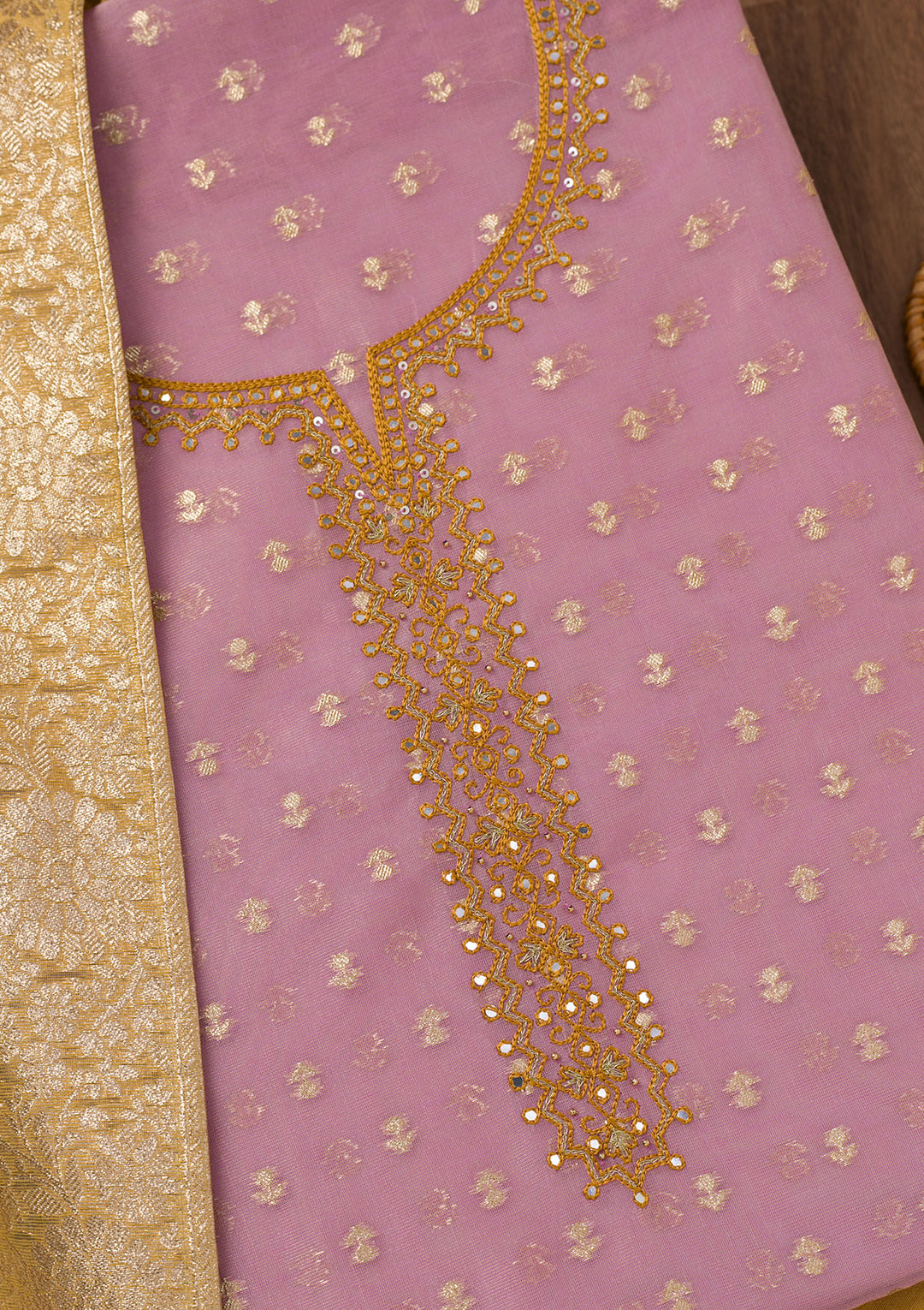 Lavender Chanderi Mirrorwork Unstitched Dress Material With Matching Bottom And Dupatta