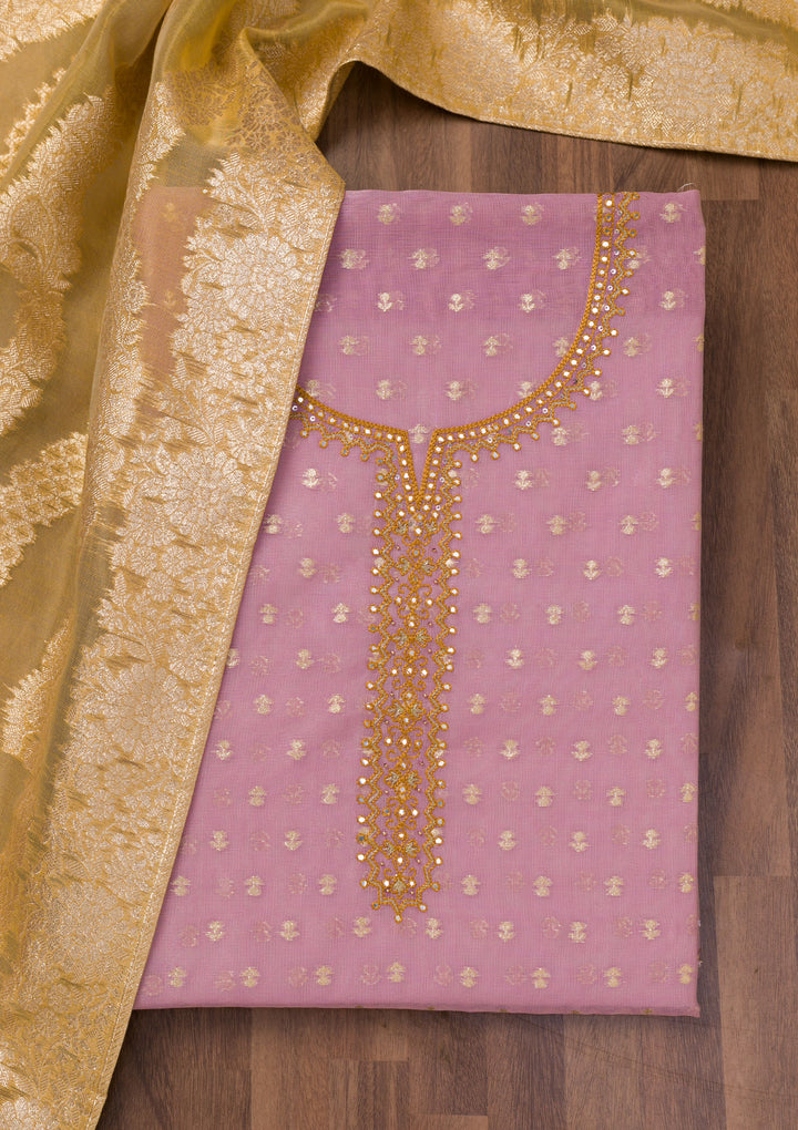 Lavender Chanderi Mirrorwork Unstitched Dress Material With Matching Bottom And Dupatta