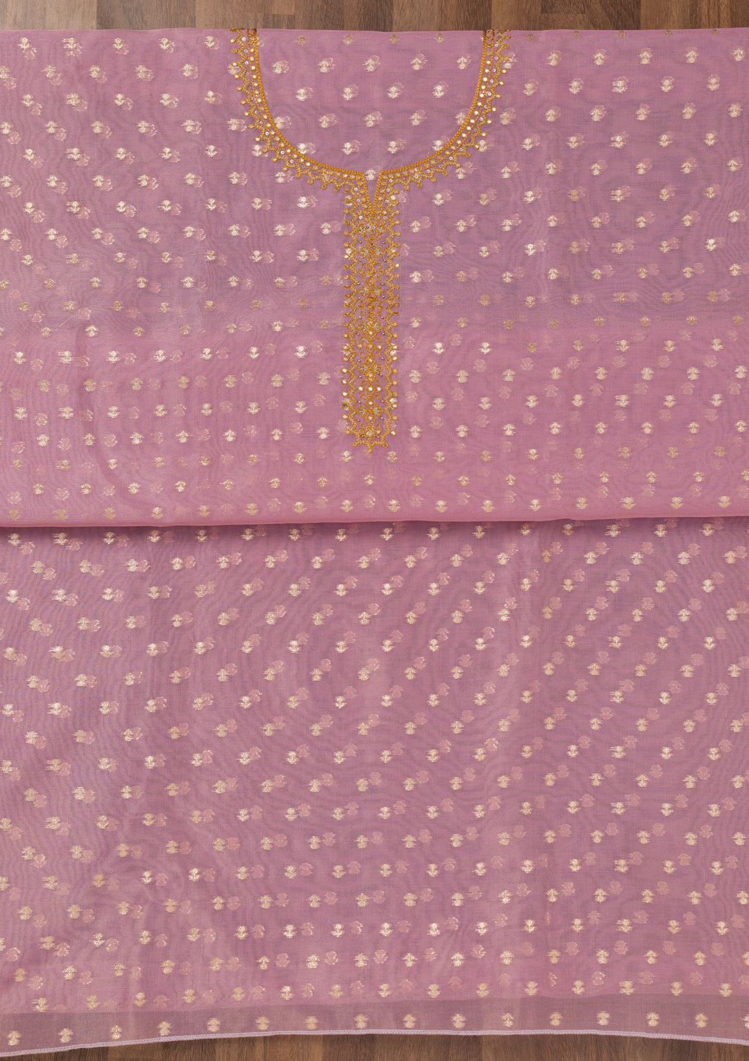 Lavender Chanderi Mirrorwork Unstitched Dress Material With Matching Bottom And Dupatta