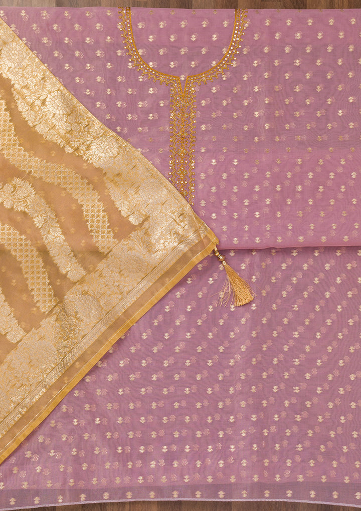 Lavender Chanderi Mirrorwork Unstitched Dress Material With Matching Bottom And Dupatta