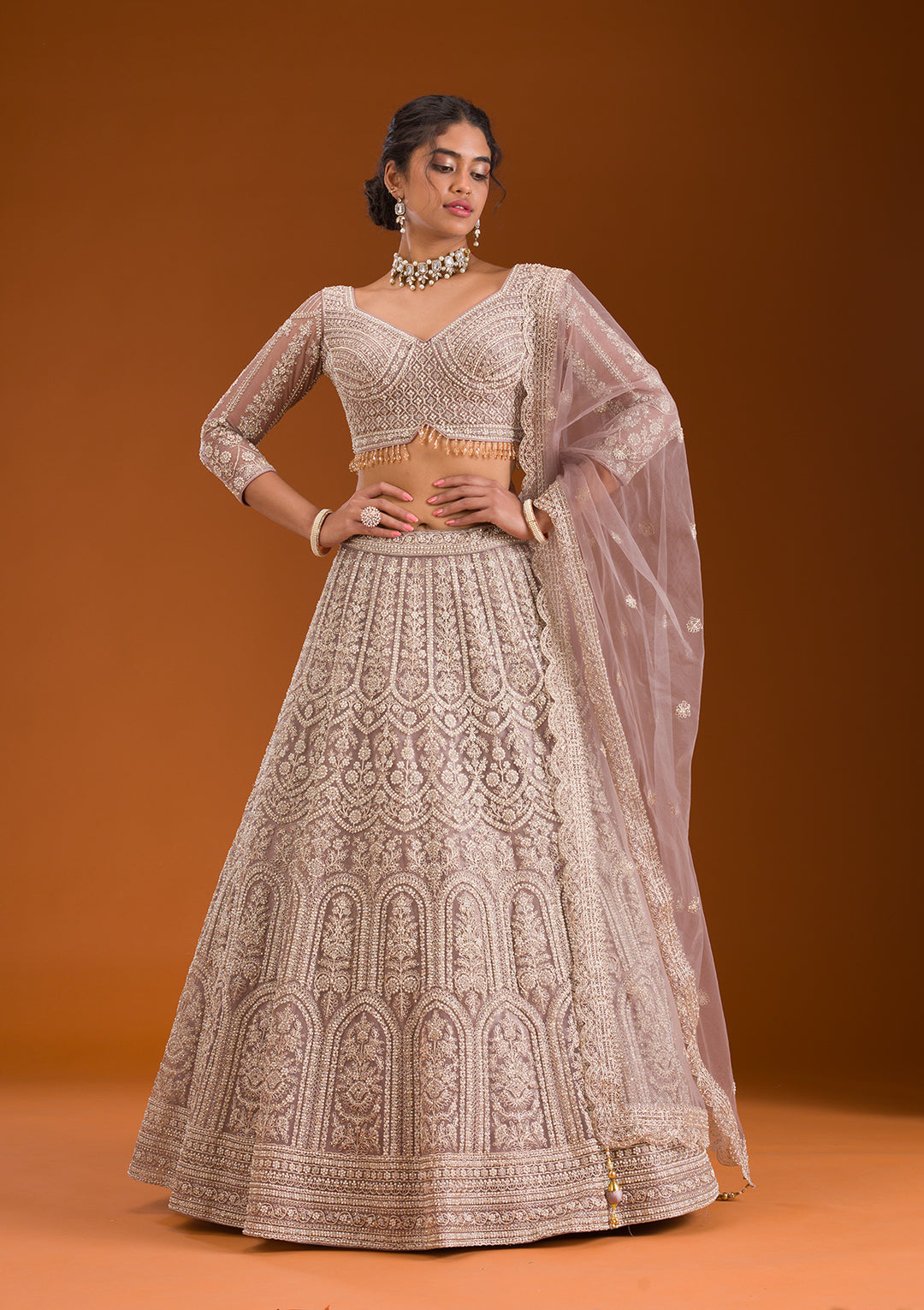 Lavender Zariwork Net Readymade Lehenga